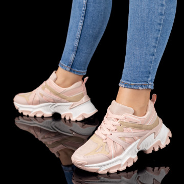 Pantofi sport dama cu talpa groasa roz cu bej MOD09787, 3, modlet.ro