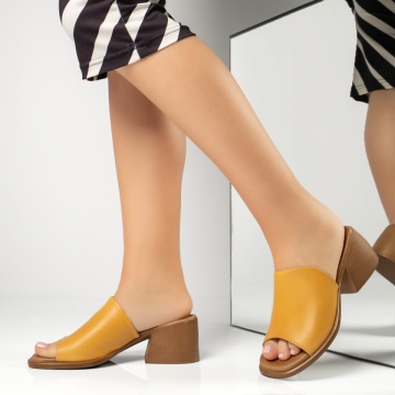 Papuci casual dama cu toc gros galbeni din Piele naturala MOD13627, 1, modlet.ro