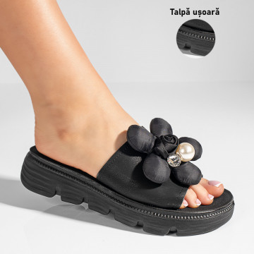 Papuci dama cu talpa groasa si model floral negri MOD11434, 3, modlet.ro