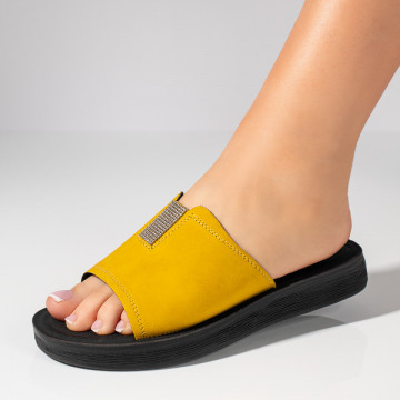 Papuci dama cu talpa joasa si aplicatie de pietre galbeni MOD11441, 2, modlet.ro