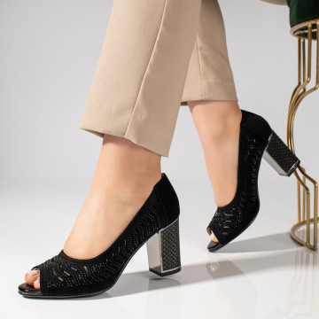 Sandale cu toc gros dama si strasuri negre suede MOD11469, 2, modlet.ro