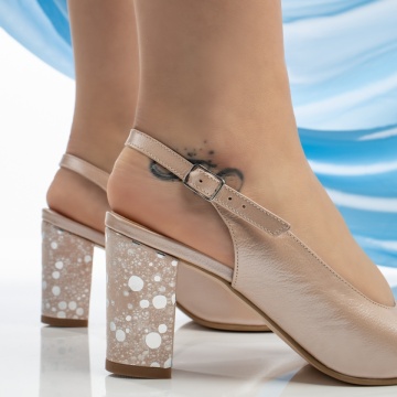 Sandale cu toc gros si bareta bej deschis din Piele naturala MOD13482, 3, modlet.ro