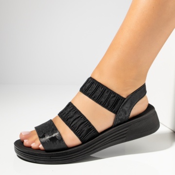 Sandale dama cu barete elastice si imprimeu negre MOD13908, 4, modlet.ro