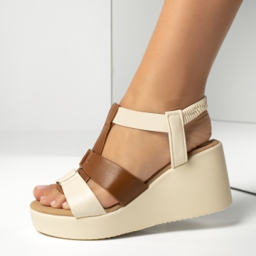 Sandale dama cu platforma si bareta elastica bej cu maro MOD13885, 1, modlet.ro