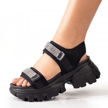 Sandale dama cu talpa groasa si pietre aplicate negre MOD08940, 2, modlet.ro