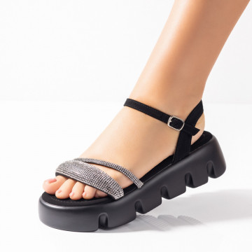 Sandale dama cu talpa groasa si strasuri aplicate negre MOD09487, 2, modlet.ro