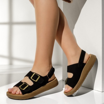 Sandale dama cu talpa joasa si inchidere cu scai negru suede MIA10, 2, modlet.ro
