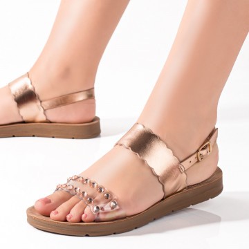 Sandale dama cu talpa joasa si strasuri auriu inchis MOD05334, 3, modlet.ro