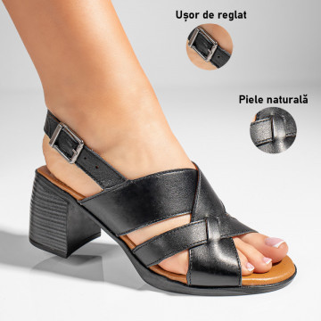 Sandale dama cu toc gros negre din Piele naturala MOD11424, 3, modlet.ro