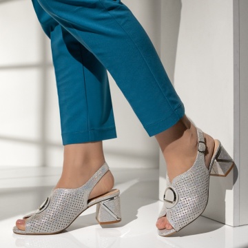 Sandale cu toc, Sandale dama cu toc gros si bareta argintii MOD14315, modlet.ro