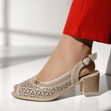 Sandale cu toc gros, Sandale dama cu toc gros si perforatii bej MOD14261, modlet.ro
