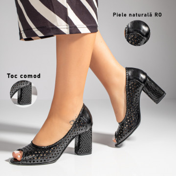 Sandale dama cu toc si perforatii negre din Piele naturala MOD11459, 3, modlet.ro