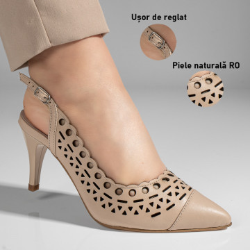 Sandale dama perforate cu toc subtire bej din Piele naturala MOD11307, 3, modlet.ro