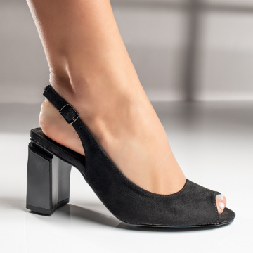 Sandale negre suede dama cu toc gros si catarama MOD11543, 1, modlet.ro