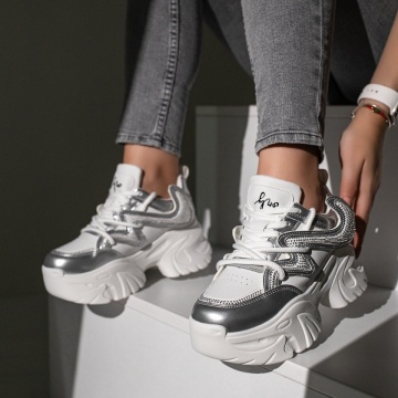 Sneakers dama albi cu argintiu cu siret MOD11730, 4, modlet.ro