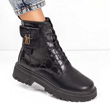 Bocanci negri cu siret si fermoar dama si accesoriu metalic MOD07411, 3, modlet.ro