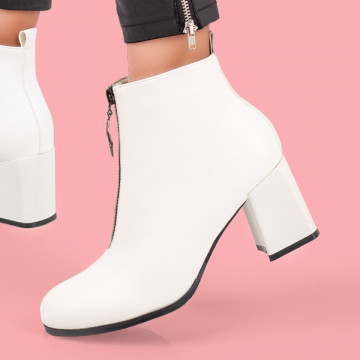 Botine albe cu toc gros si fermoar dama MOD07086, 1, modlet.ro