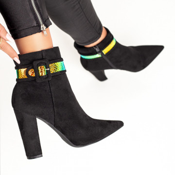 Botine cu toc negre suede de dama cu catarama decorativa MOD07392, 2, modlet.ro