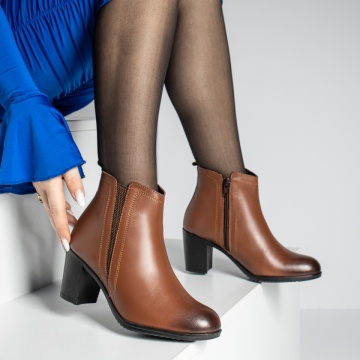 Botine dama cu toc gros maro Piele naturala MOD05667, 3, modlet.ro