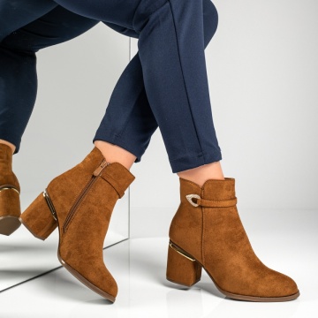 Botine dama cu toc gros si fermoar maro suede MOD12886, 3, modlet.ro