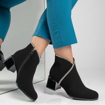 Botine dama cu toc gros si strasuri aplicate negru suede MOD12594, 3, modlet.ro