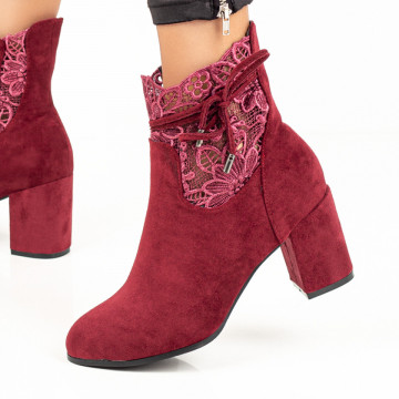 Botine dama suede rosii cu toc, fermoar si dantela MOD07089, 1, modlet.ro