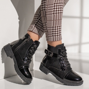 Ghete dama cu catarama si varf lucios negru suede MOD10854, 4, modlet.ro