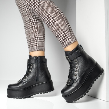 Ghete cu platforma, Ghete dama cu fermoar si talpa groasa negre din Piele naturala MOD14103, modlet.ro