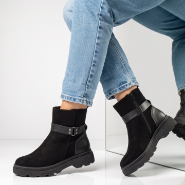 Ghete Dama, Ghete dama negre suede cu fermoar din Piele naturala MOD05648, modlet.ro