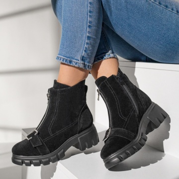 Ghete dama negre suede cu fermoare si talpa groasa MOD10470, 2, modlet.ro