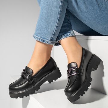 Pantofi casual cu talpa groasa si accesoriu metalic negri MOD13247, 4, modlet.ro