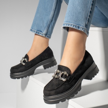 Pantofi casual dama cu accesoriu metalic negru suede MOD13249, 4, modlet.ro