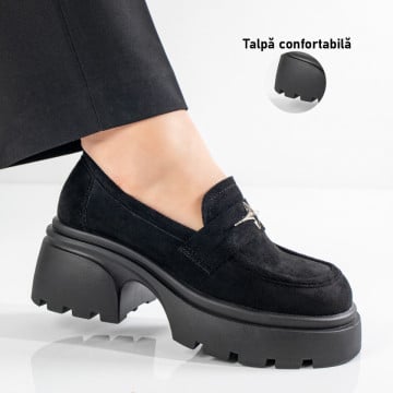 Pantofi casual dama cu accesoriu metalic si talpa groasa negri suede ZEF11058, 3, zeforia.ro