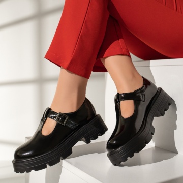 Pantofi casual dama cu catarama negri luciosi MOD12960, 3, modlet.ro