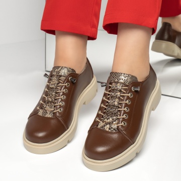 Pantofi casual dama cu siret elastic maro din Piele naturala MOD13150, 2, modlet.ro