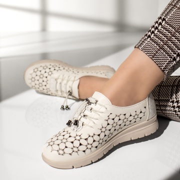 Pantofi casual dama cu siret elastic si perforati albi MOD13264, 2, modlet.ro