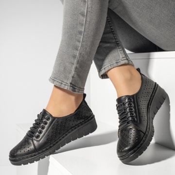 Pantofi casual dama cu siret elastic si perforatii negri ZEF13156, 2, zeforia.ro