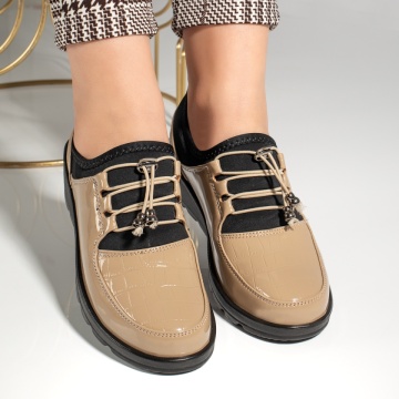 Pantofi casual dama cu siret elastic si platforma bej luciosi MOD12985, 3, modlet.ro
