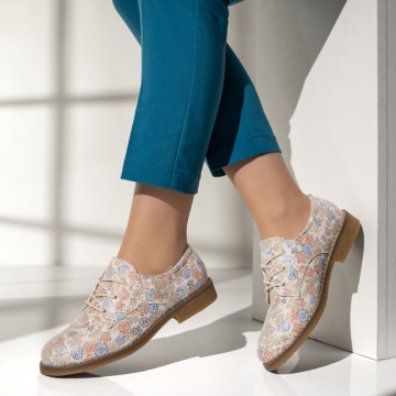 Pantofi dama, Pantofi casual dama cu siret si imprimeu albi MOD14309, modlet.ro