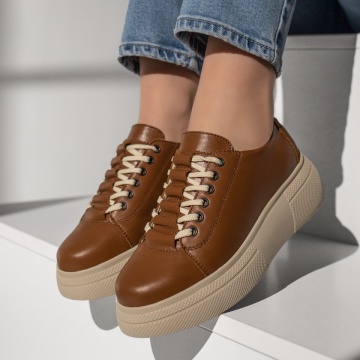 Pantofi casual dama cu siret si talpa groasa maro din Piele naturala MOD11127, 2, modlet.ro