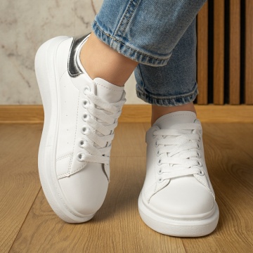 Pantofi casual dama cu talpa groasa alb cu argintiu MOD12200