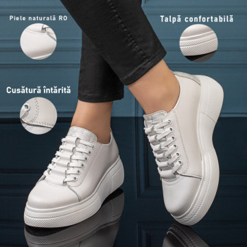 Pantofi casual dama cu talpa groasa albi din Piele naturala MOD11127, 3, modlet.ro