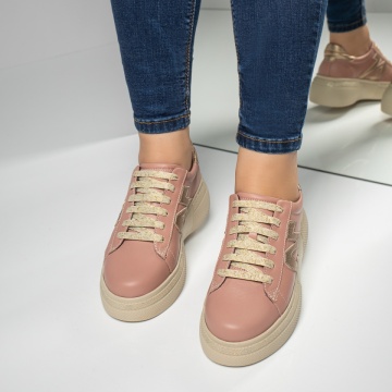 Pantofi casual dama cu talpa groasa bej cu auriu din Piele naturala MOD08731, 2, modlet.ro