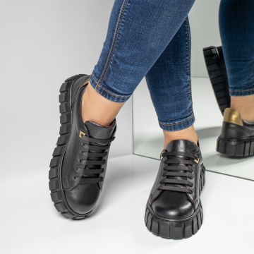 Pantofi casual dama cu talpa groasa negri Piele naturala MOD03646, 4, modlet.ro