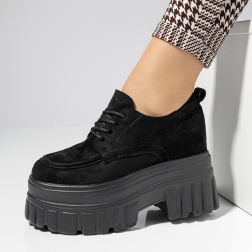 Pantofi casual cu platforma, Pantofi casual dama cu talpa groasa negru suede MOD14215, modlet.ro