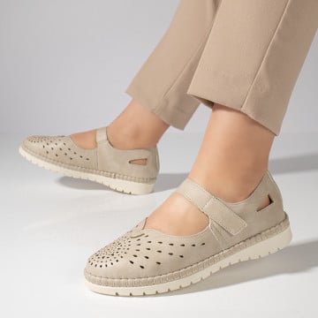 Pantofi casual dama cu talpa joasa si perforatii bej ANA57