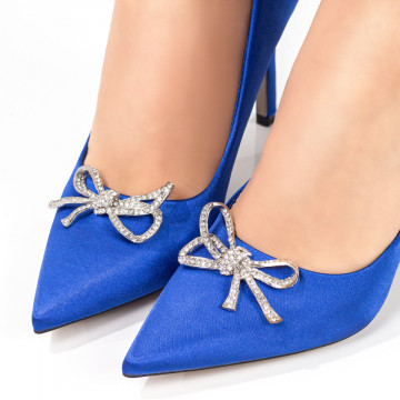 Pantofi cu toc dama albastri cu accesoriu si toc inalt MOD07902, 2, modlet.ro