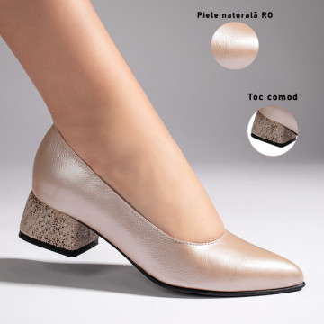 Pantofi cu toc dama bej sidefat din Piele naturala MOD11001, 3, modlet.ro