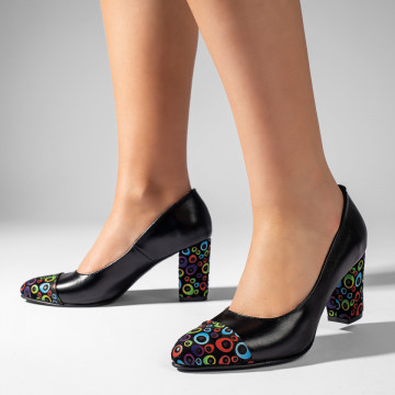 Pantofi cu toc dama negri cu imprimeu din Piele naturala MOD11002, 4, modlet.ro