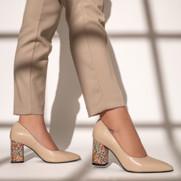 Pantofi cu toc dama si print bej din Piele naturala MOD12047, 1, modlet.ro